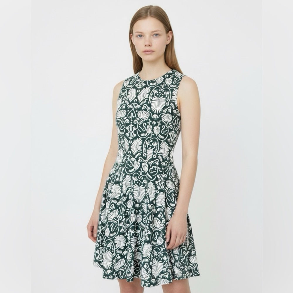 H&M Green White Printed Fit & Flare Dress Size 4